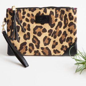 Leopard Animal Print Natural & Black Faux Leather Wristlet